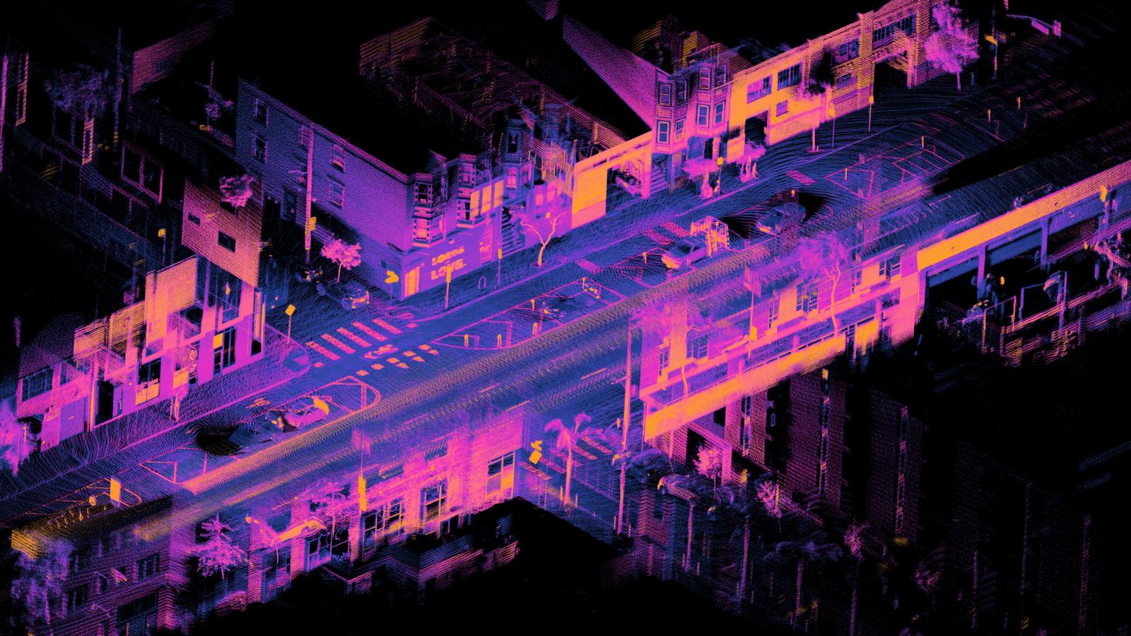 Farbcodierte LiDAR-Punktwolke einer Straßenkreuzung mit Gebäuden und Bäumen